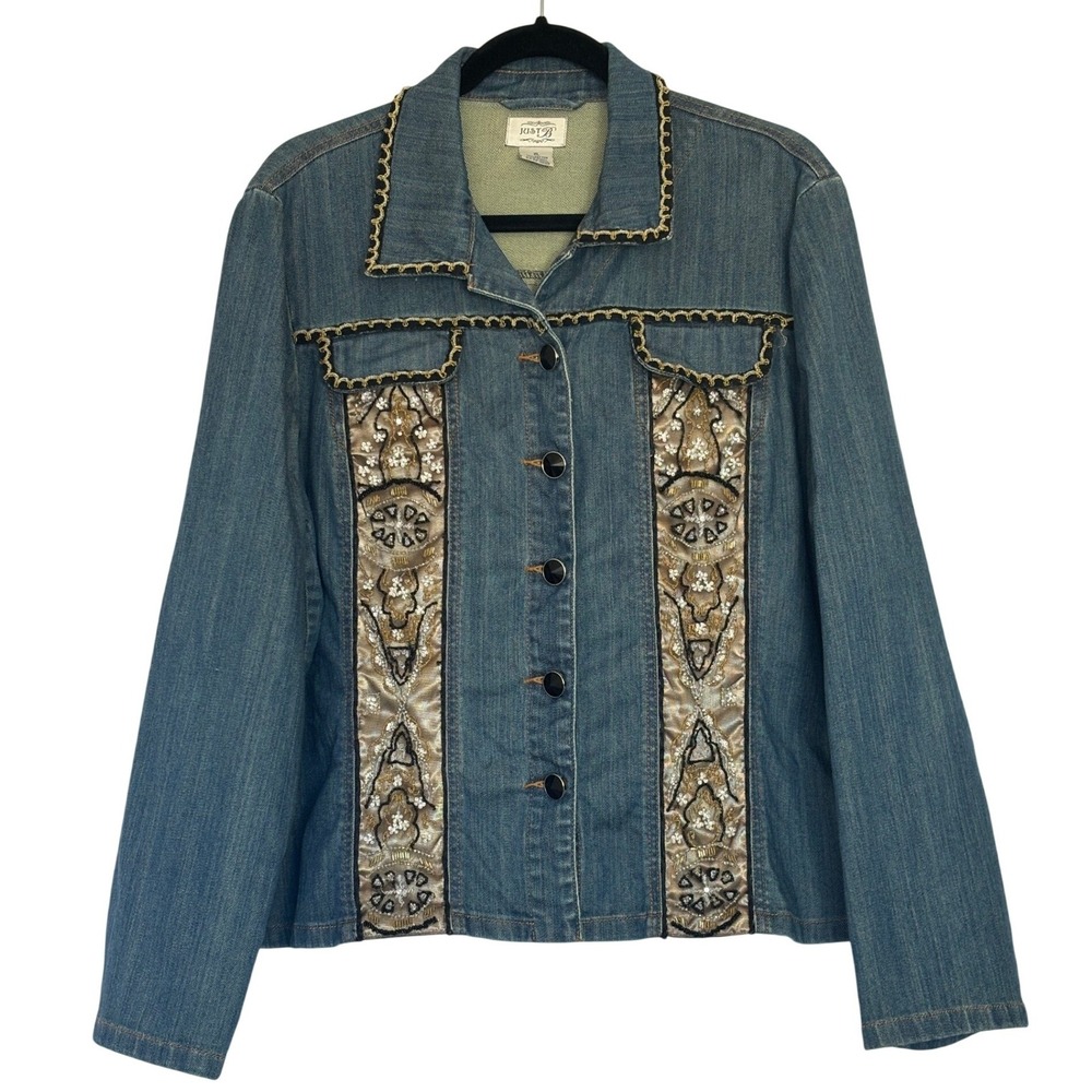 Womens XL Blue Denim Jacket Sequin Beaded Embroidered Boho Trucker Coat